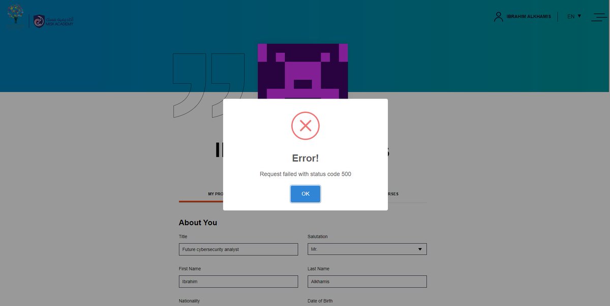 Ic3Shadow's tweet photo. @academy_misk I can't go to my profile, it says "Error!
Request failed with status code 500" please help! https://t.co/Rw88UqMyJe