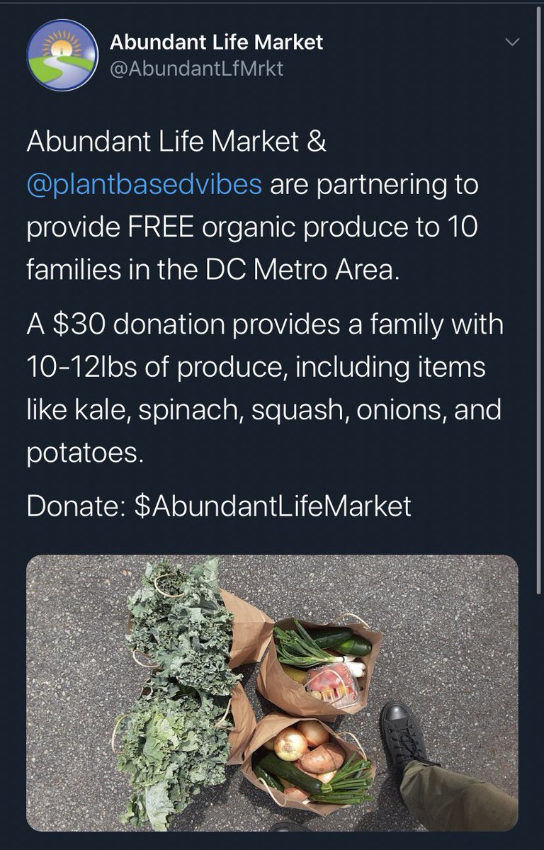 ive partnered with  @AbundantLfMrkt to help provide the  #dmv area with fresh local  #organic produce. in less than 2 months we've gifted free  #grocery bags to over 50 dc families & now we're working on this amazing farm, growing our own produce for the mobile market & community. 