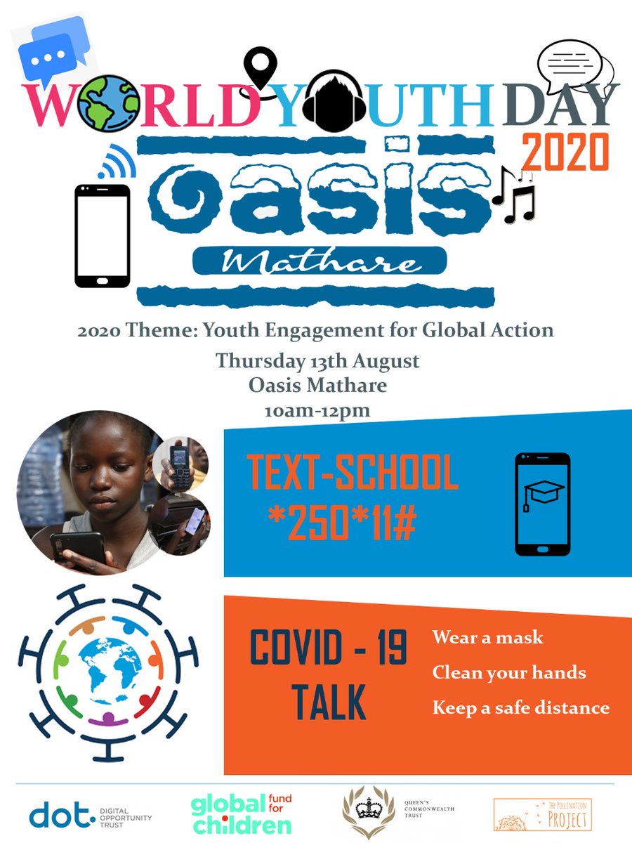 oasismathare's tweet photo. This year's theme for International Youth Day is 'Encouraging Youth Engagement for Global Actionโ, we believe that #tech can be used to engage youths in all levels #textschool
@Global4Children @queenscomtrust @DigitalOppTrust @Pollinationproj @just_peoples https://t.co/VFBWFWWsyn