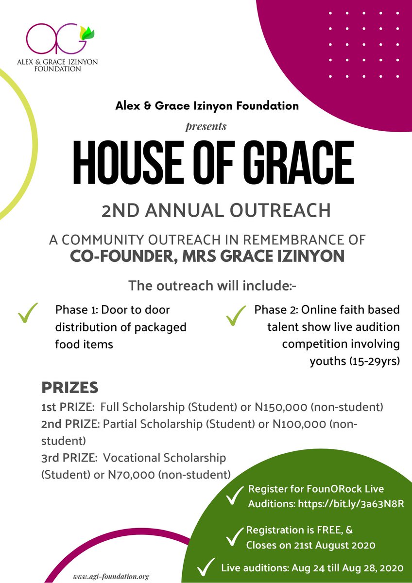 "This is different, bigger and better. We are carrying out a "REMOTE OUTREACH" and an "ONLINE TALENT HUNT". Register for FounORock Live Auditions on bit.ly/3a63N8R"

#AGIF #NGO #Education #Health #Youthempowerment #PovertyAlleviation  #Fairness #empowerment  #HOG