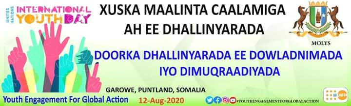 MoLYS_Puntland's tweet photo. Sawirro hordhac ah hoolka ay ka dhacayso xafladda xuska Maalinta Caalamiga ah ee Dhallinyarada Adduunka
HASHTAGS.
#Molyspl2020
#12AugustPl
#YouthDayUG2020
#IYD2020 https://t.co/npV8qQofgM