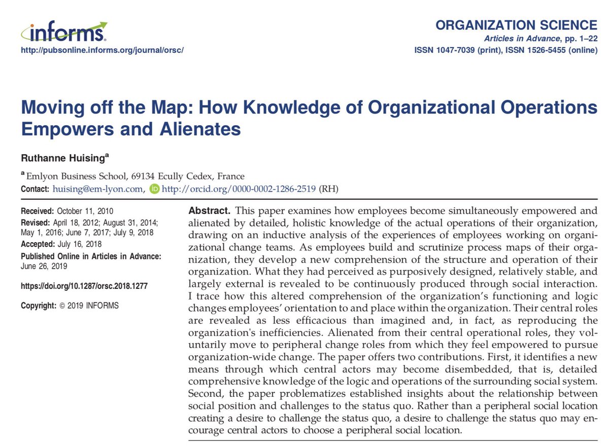 This paper shows that learning about how your firm works is equivalent to gaining Lovecraftian Secret Knowledge. Promising managers asked to do process redesign at their firm learn how messed up it all is, so they give up rising careers & become hermits at the edges of the firm