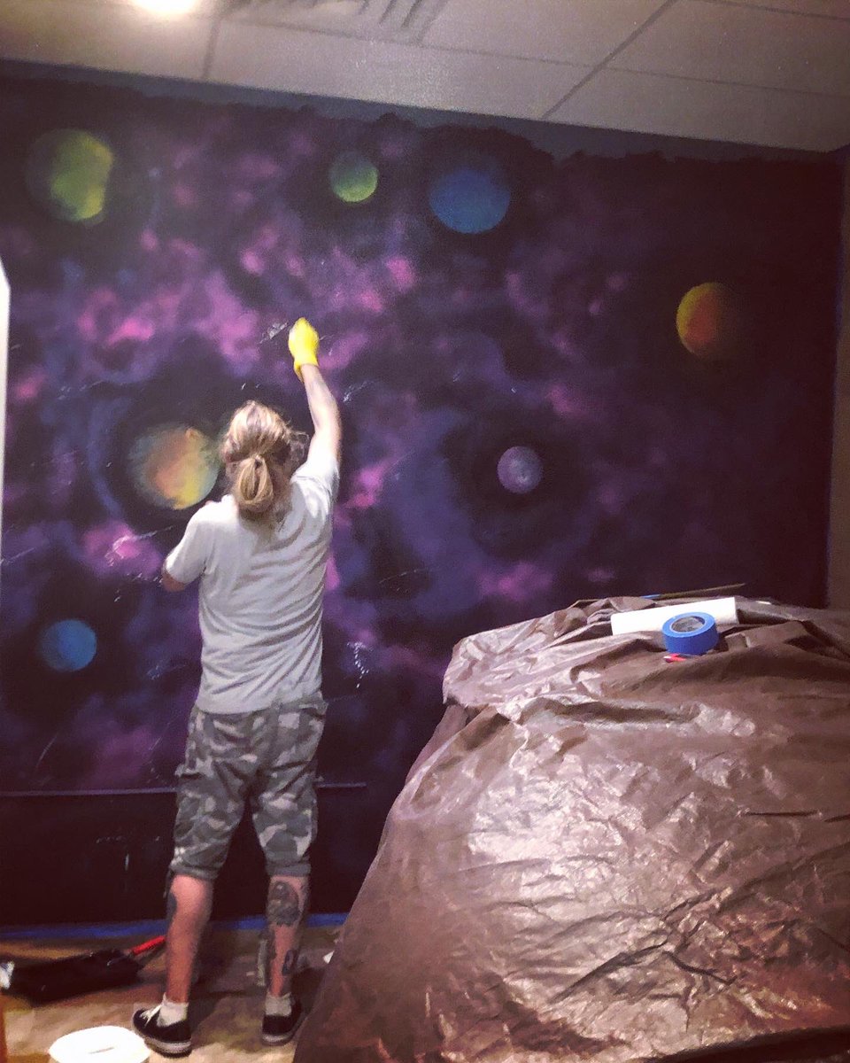 FloatOKC's tweet photo. New galaxy wall in our float room! Local artist Joshua Smith of The Garrison Ink knocked it out of the park. Go see him for any art you need on your walls or your body. #supportlocalartists https://t.co/jTEs5nriXi
