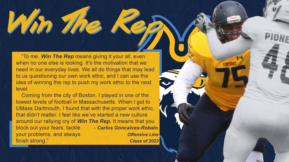 CorsairFootball's tweet photo. Today we shine a spotlight on OL Carlos Goncalves-Robalo (Dorchester, MA). The freshman excelled both on the field where he started at Tackle, and also in the classroom, where the Charlton College of Business student earned a 3.7 GPA this Spring. #WinTheRep🏴☠️ #WinTheRepWednesday https://t.co/SZiN3RMc28
