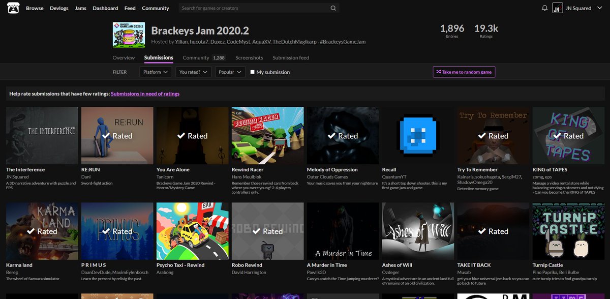 JnSquared's tweet photo. We didn't think it was possible but 'The Interference' was able to rank #1 on popular on 8/9/20, beating Dani's submission 'RE:RUN' for #brackeygamejam

... for less than a day

before we were quickly overtaken🤣We will keep this shortlived victory in our book of memories! https://t.co/kJXgOi9Kf3
