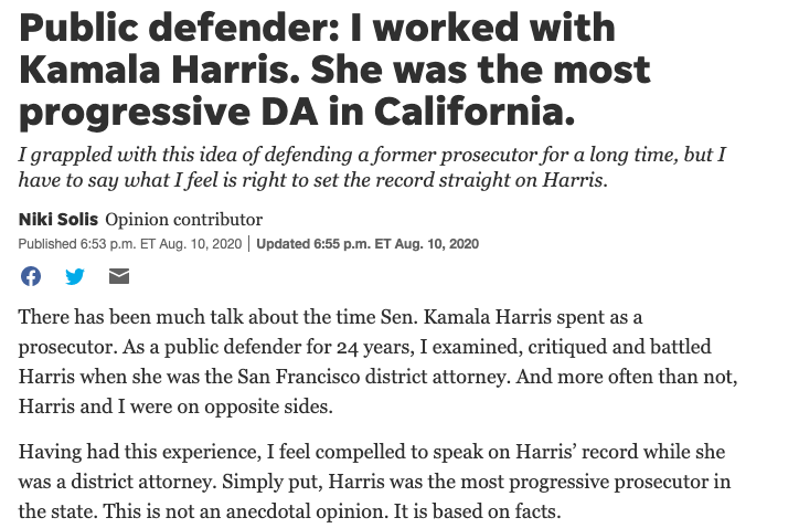 A lot is going to be made of Kamala Harris' record as a prosecutor in the coming days and weeks, and it's likely you'll be hearing a lot of two—almost diametrically opposed— versions of her record from commentators on here. Basically these two: