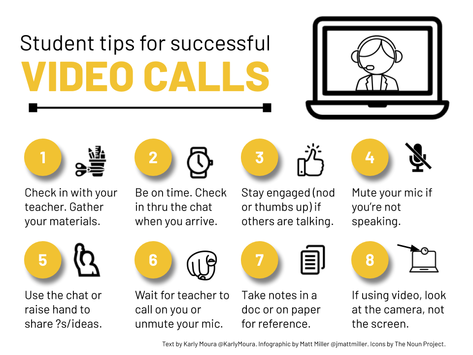 LindseyBKennedy's tweet photo. Students - Are you nervous about beginning classes online next week? Here are some great tips to stay engaged during video calls with your teacher and classmates! 💻 @Surry_Online 

via: @jmattmiller and @KarlyMoura https://t.co/3xLLkeeKgv