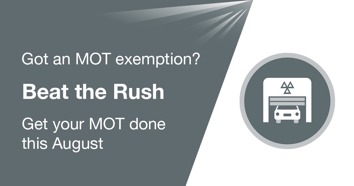 DVSAgovuk's tweet photo. 🚗 If your vehicle got an #MOT exemption and is now due in October or November, please be aware:

➡ Garages will be up to twice as busy than usual this autumn. 

👉 If you can, get your MOT done this August to beat the rush. https://t.co/iyWAFQInwf