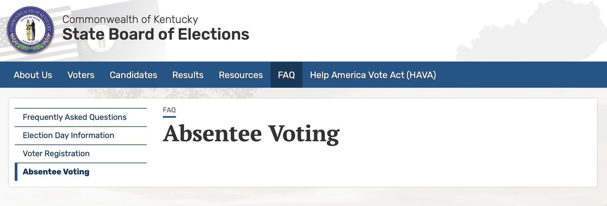In fact, at the moment, you currently CAN’T even apply to vote absentee. (See screen shot).That said, the Governor will announce the rules on 8/18 and requirements will be listed on  https://GoVoteKY.com .So, maybe… call the State Board of Elections here: 502-573-7100...