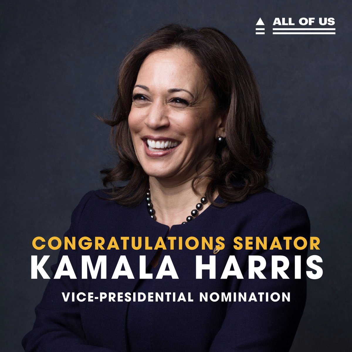 Sen. <a href="/kamalaharris/">Kamala Harris</a> is the first Black woman and first South Asian American woman to be selected as the VP nominee of a major party. Here’s to making history!

Disclaimer: #AllOfUs is a non-partisan organization and does not endorse or oppose candidates for elective office.