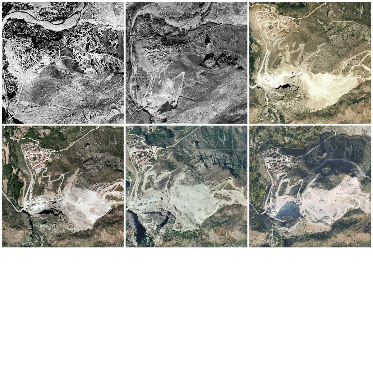 En esta serie de fotos se puede ver la evolución de la cantera en diferentes años. De izquierda a derecha 1956, 1977, 2000, 2009, 2012 y 2017