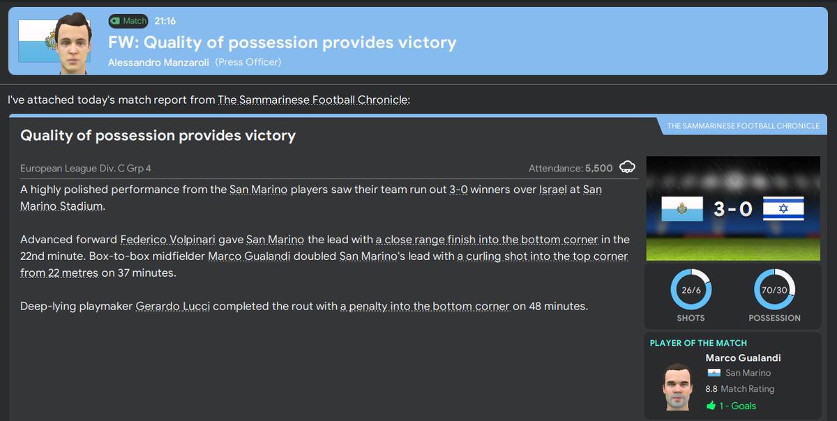 So close to a 100% record in the group, but unfortunately we just came unstuck at the final hurdle. Still, a very successful Nations League campaign and hopes will be high ahead of the World Cup qualifying draw...  #FM20