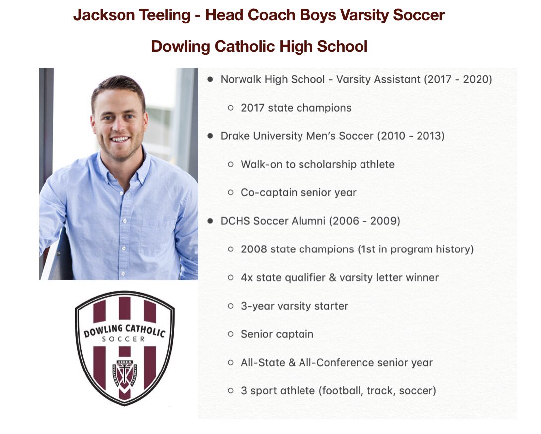 We are excited to announce  Jackson Teeling as the DCHS head coach for boys varsity soccer.  We are excited to bring Jackson back into the program where he enjoyed a great deal of success as a player.  He will do a terrific job as our head coach!  <a href="/MaroonCrew/">Maroon Crew</a> <a href="/jdteeling/">Jackson Teeling</a>