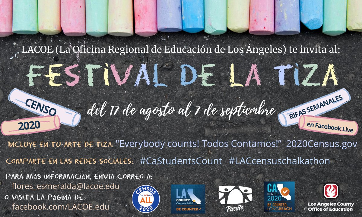 I am excited to participate in the 2020 LA County Census Chalkathon. From Aug 17 – Sept 7, there will be weekly giveaways on Facebook live. Chalk your heart out and post using the hashtags #LACcensuschalkathon #CaStudentsCount Everyone Counts! ¡Todos Contamos!