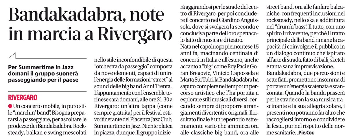 #Rivergaro targato #SummerTime20 ore 21.30 Sesta proposta del <a href="/pcjazzclub/">Piacenza Jazz Club</a> per questa estate in jazz <a href="/MilestonePc/">Milestone Piacenza</a> <a href="/Liberta_it/">Libertà.it</a> <a href="/musica_jazz/">Musica Jazz </a> <a href="/xnl_piacenza/">XNL Piacenza</a> @IatPiacenza @Piacenza_Online <a href="/AngelicaDa/">Angelica Dadomo</a>