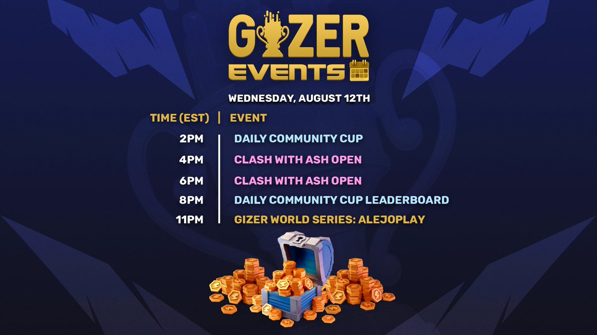 GIZER's tweet photo. Don't miss out today's #GizerEvents
EST TIME
2pm: https://t.co/TUkDgp6Oxv
4pm: https://t.co/7FzeBFvtb8
6pm: https://t.co/xh1UJli7nO
8pm: https://t.co/auyx4wyjVz
11pm: https://t.co/lIYI7ubl2D
#GameOn and earn boost!
#Gizer #ClashRoyale https://t.co/vsX2AAyFyF