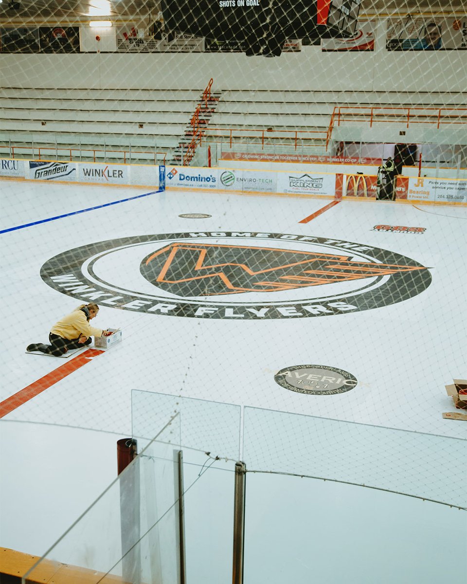 SteeltreeSigns's tweet image. Are you ready for hockey 🏒 season yet? 

We printed the @winklerflyers  logo on seven different strips of mesh banner to combine into one large piece in the Winkler Centenial Arena 😮

Fun fact: We also make all of the sound boards and rink boards in the arena!  🧊

#meshbanner