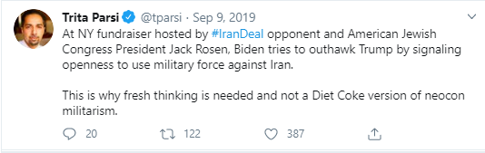 7/ Here is one example. God forbid that Biden stand with  @JackRosenNYC, the descendents of Holocaust victims, in taking a tough line on a Holocust-denying regime. Apparently, that's "neocon militarism".