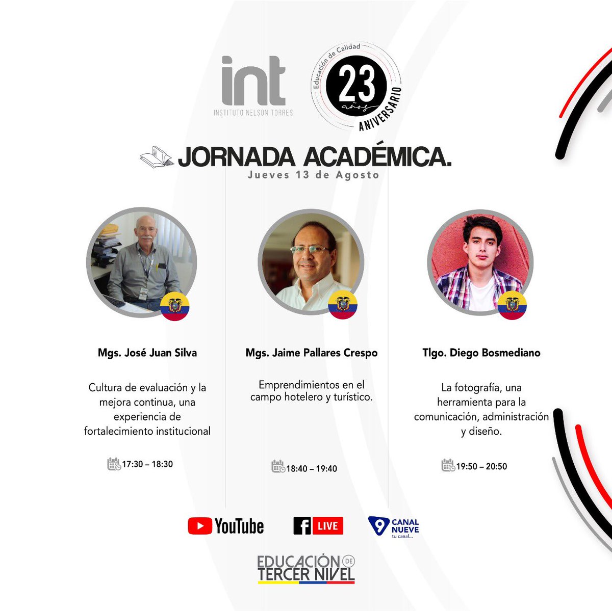 Intsuperior's tweet photo. 📚INVITAMOS A TODA NUESTRA COMUNIDAD📚
A las jornadas académicas que el INT realizará, como parte de la celebración del vigésimo tercer aniversario de vida institucional.📖 2️⃣3️⃣
📌Jueves 13 de Agosto
📌09:00
#intescayambe #estaentusmanos https://t.co/AV8T7VOOuI