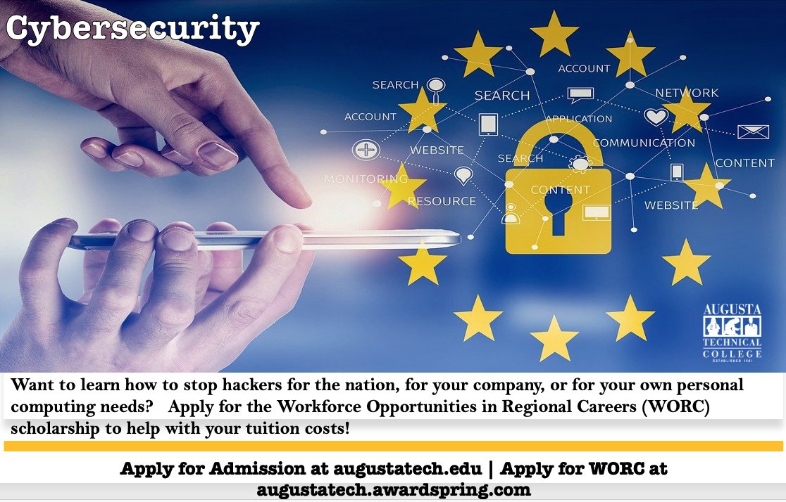 AugustaTech1's tweet photo. Cybersecurity! Fall Semester starts August 24th! Grants and scholarships are available to assist you with tuition &amp; books costs. Face-to-face, online, and hybrid classes are available. Apply online today! #Fall2020 #AugustaTech https://t.co/8qFW4Z5ugj
