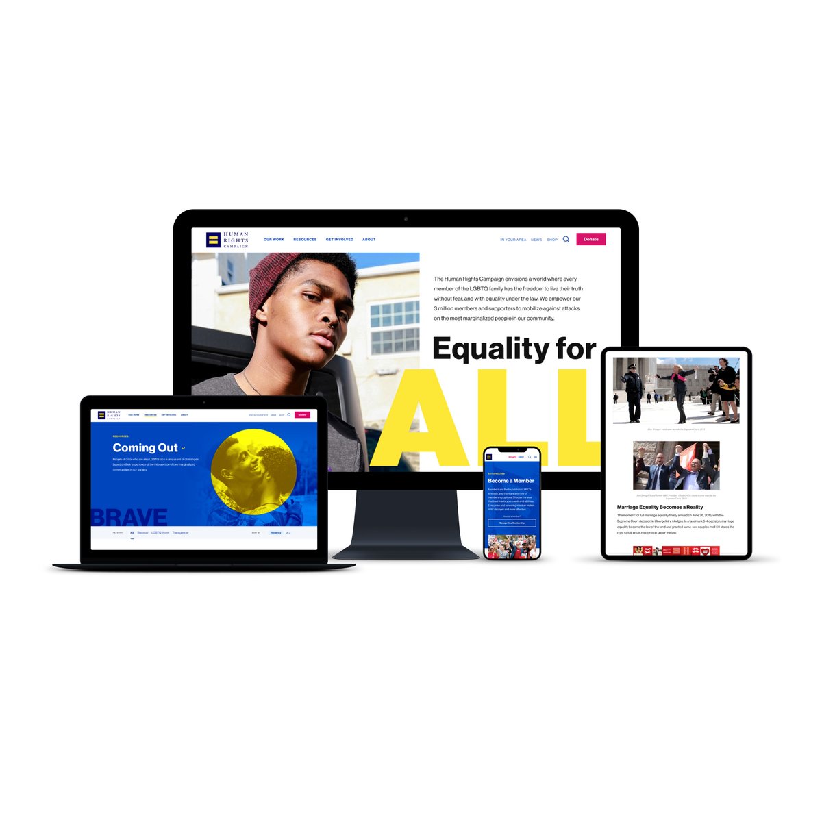 Photo of a computer monitor, a laptop, a tablet and a phone with the HRC homescreen