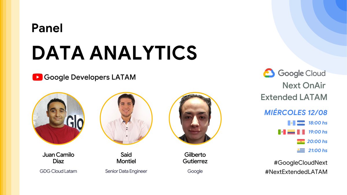 gdgcloudlapaz's tweet image. Panel Semana 5 - DATA ANALYTICS 
Next OnAir Extended LATAM 
#NextExtendedLATAM #GoogleCloudNext 

Moderadora: @LuMaidacl 
Miercoles Horas 20:00 pm 🇧🇴 BO UTC-4

Conoce a los expertos que estaran presentes en el panel👇🏽👇🏽👇🏽