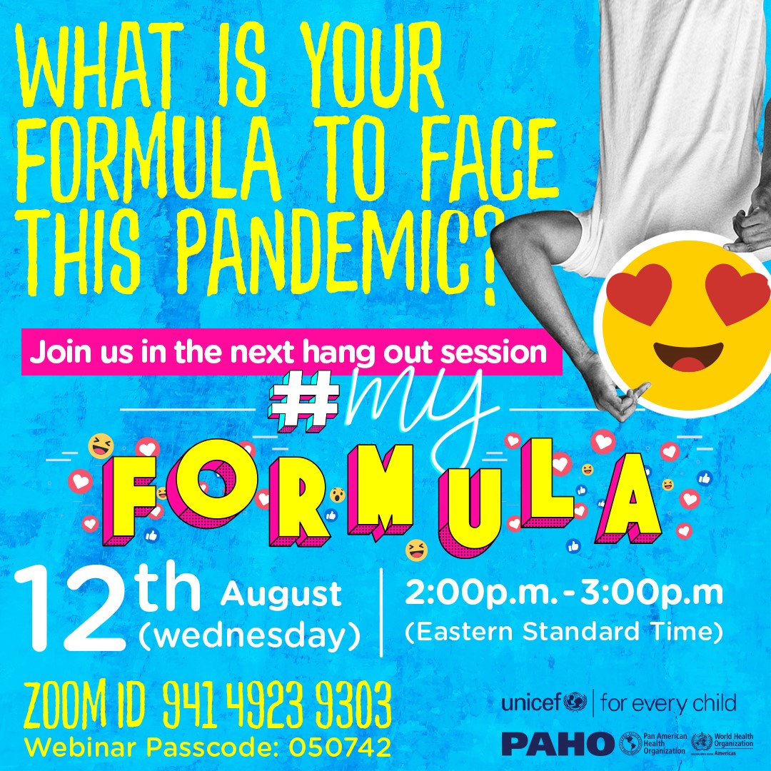 uniceflac's tweet photo. 📣TODAY
On #YouthDay, join us for the virtual #YouthHangout about coping with life during the #COVID19 pandemic.
🗓️Aug. 12,
⏰2:00 ET.
👉https://t.co/3JlDBaXMwA
@uniceflac @pahowho #MyFormula https://t.co/5Vo0mUDXtJ