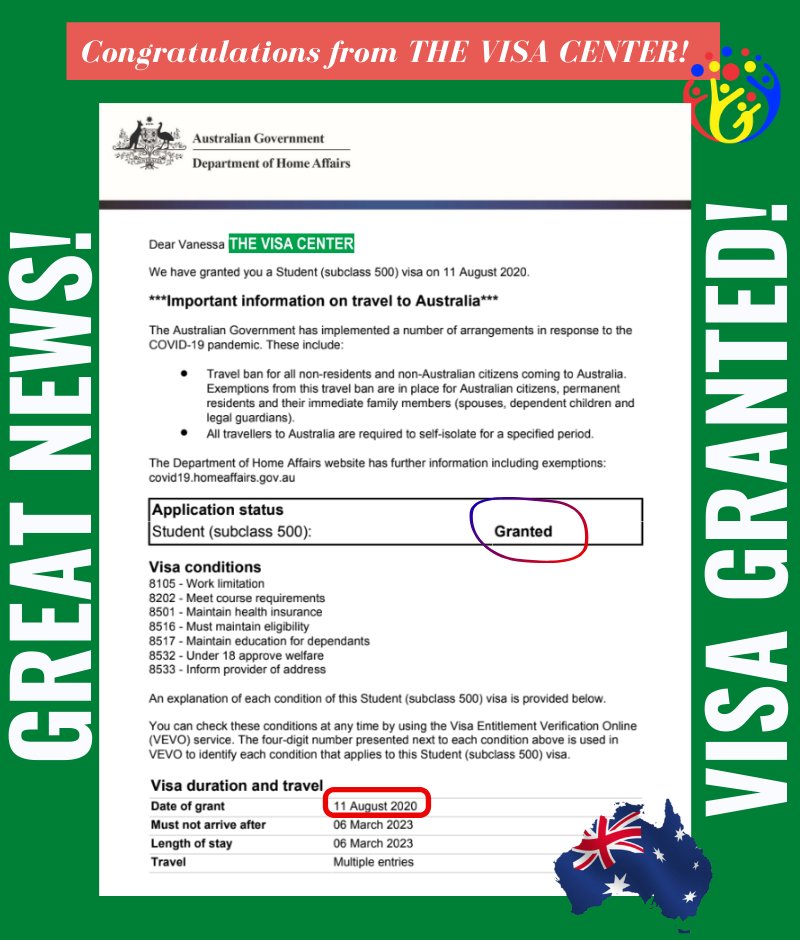 🔊🇦🇺JUST IN!
Another Australia Student Visa Granted👏👏👏

Congratulations, Ms. Vanessa! 💥🎉🎊
We wish you all the best on your next journey to Australia. 🇦🇺

Thank you for trusting The Visa Center! ❤️

#GrantedVisa #ShapingABetterFuture #TheVisaCenter #AustraliaVisaGrant