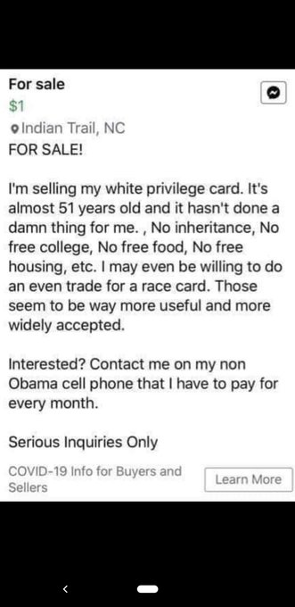 I'm selling my white privilege card. Might even do a trade for a race card, take a look: https://t.c