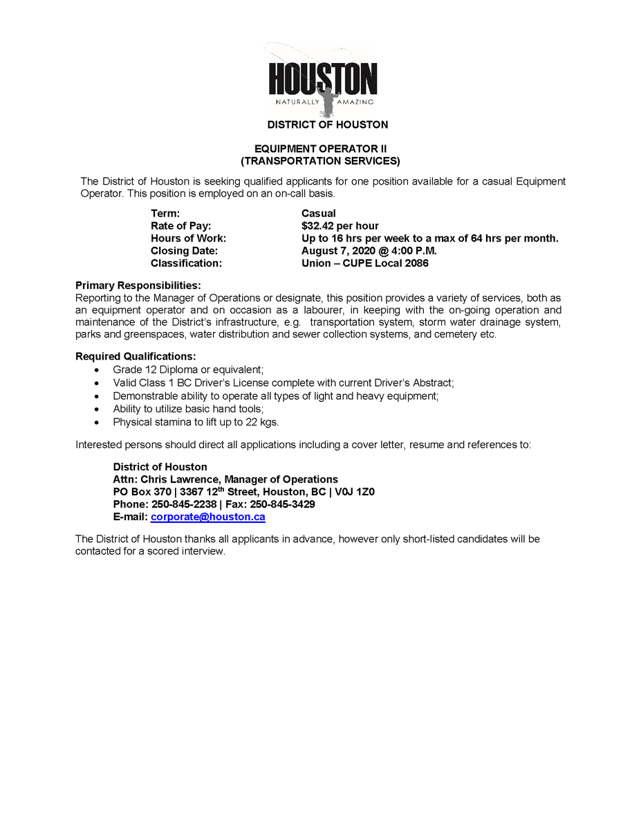 CanadaHouston's tweet photo. Check out these career opportunities in the public works department! Applicants are encouraged to send their resume, cover letter, and references by email to cao@houston.ca. https://t.co/vRT8vMUvKY