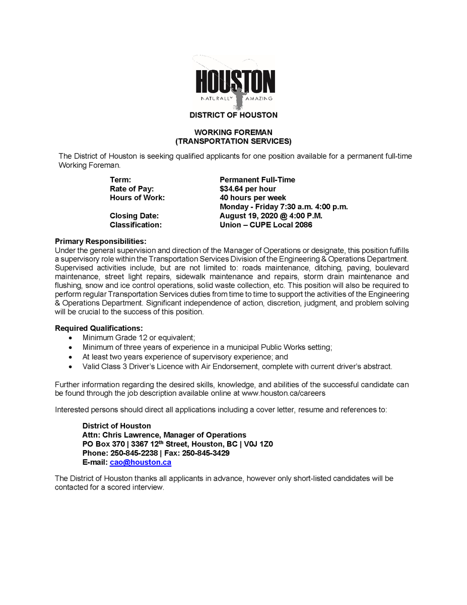 CanadaHouston's tweet photo. Check out these career opportunities in the public works department! Applicants are encouraged to send their resume, cover letter, and references by email to cao@houston.ca. https://t.co/vRT8vMUvKY