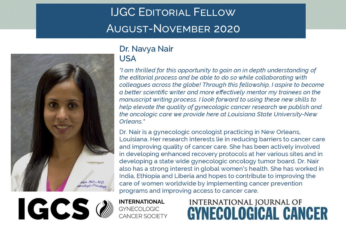 IGCSociety's tweet image. Congratulations to @NavyaNairMD on being one of 5 young #gynoncs selected for an Editorial Fellowship with @IJGConline! This is a great opportunity for her professional development as she&apos;ll also work with Editor in Chief @pedroramirezMD for 4 months.

🔗: igcs.org/ijgc-editorial…