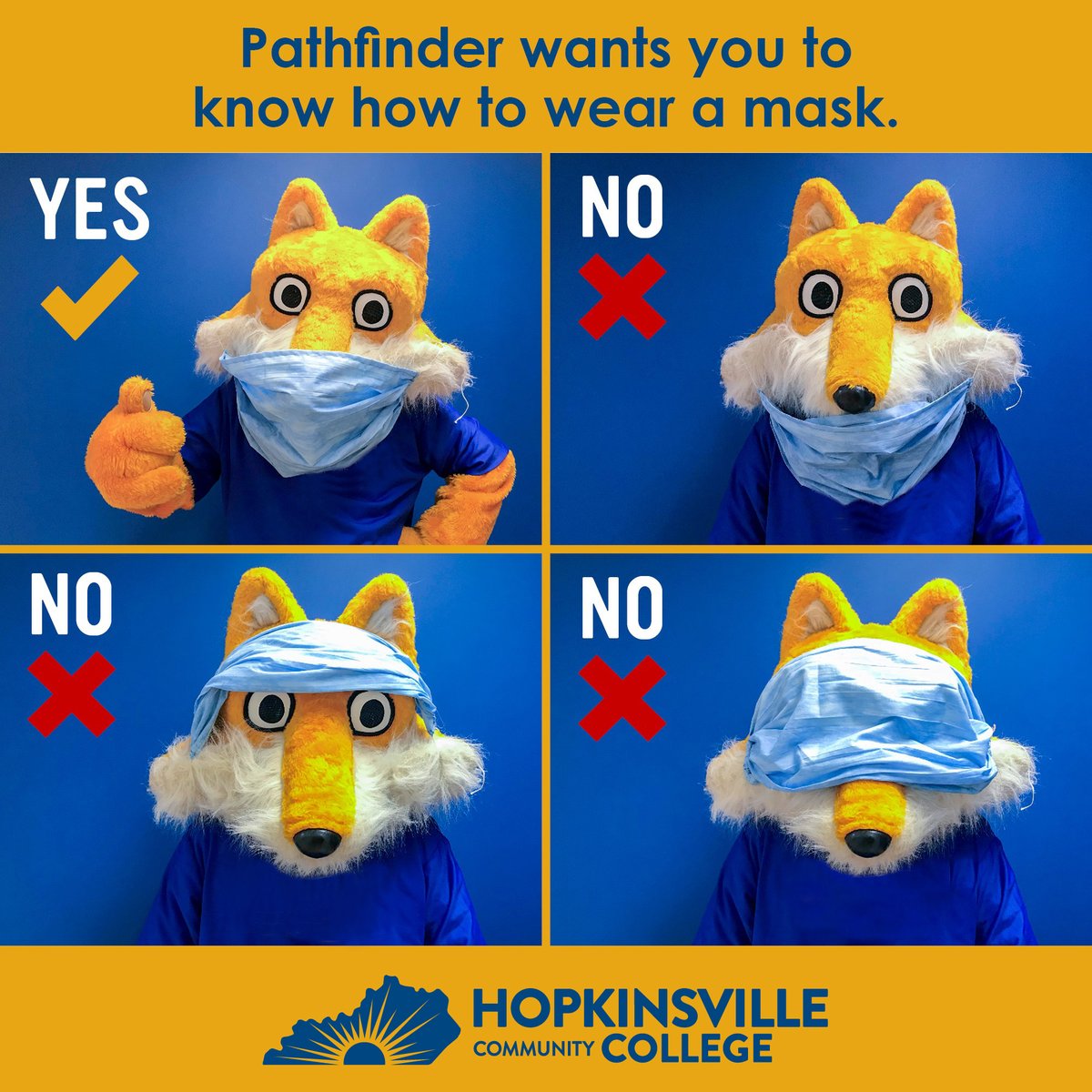 Countdown to Class! We have 5 days until classes begin on Aug. 17. We're working hard to help keep campus healthy for all. Even Pathfinder is doing his part to demonstrate the proper way to wear a face Covering. There's still time to register. #MaskupKY #MaskupHCC #HealthyAtHCC