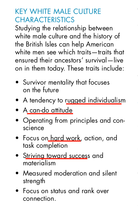 Next, the white male employees must expose the "roots of white male culture," which consists of "rugged individualism," "a can-do attitude," "hard work," and "striving towards success"—which sound good, but are in fact "devastating" to women and POCs.