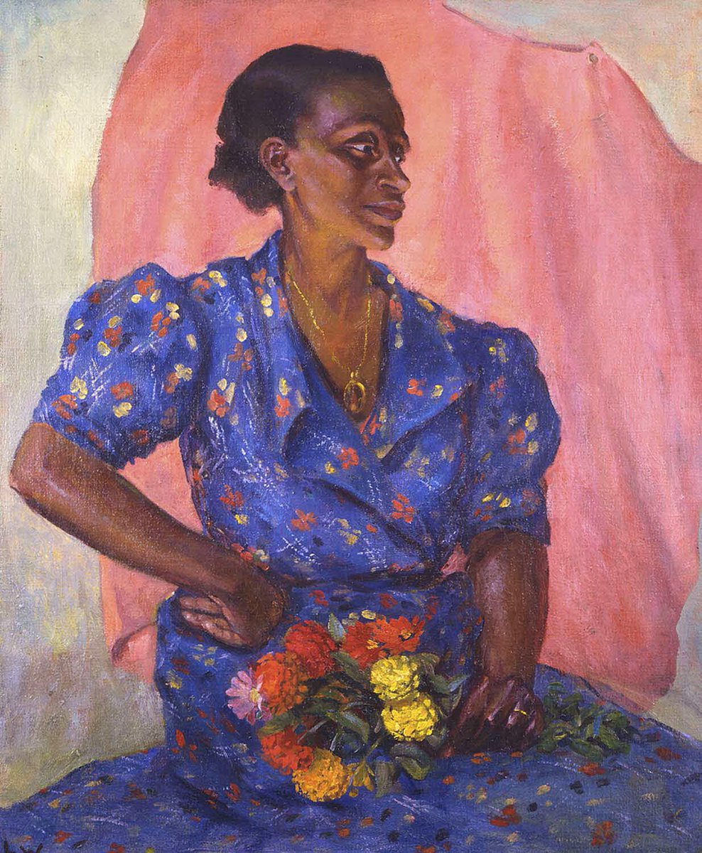 brooklynmuseum's tweet photo. How would you describe the woman in this painting? What might her body language suggest about her or what she is thinking? This week #BKMEducation shares #HowtoLook at Laura Wheeler Waring's dignified portrait, Woman with Bouquet. https://t.co/F3oCXBg7Cp https://t.co/93mBnBLyCJ