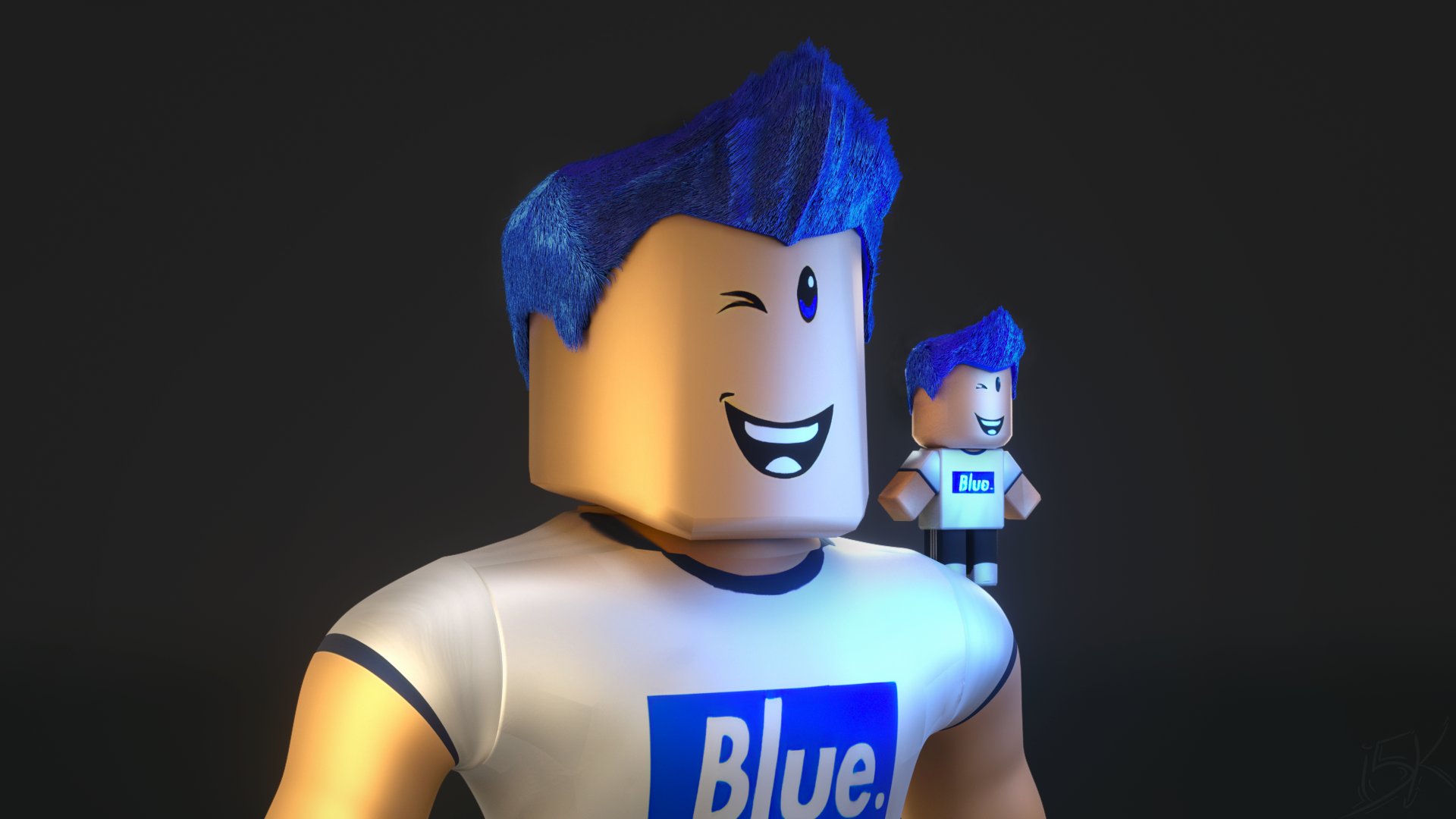 roblox character with blue spiky hair and kerbt shirt