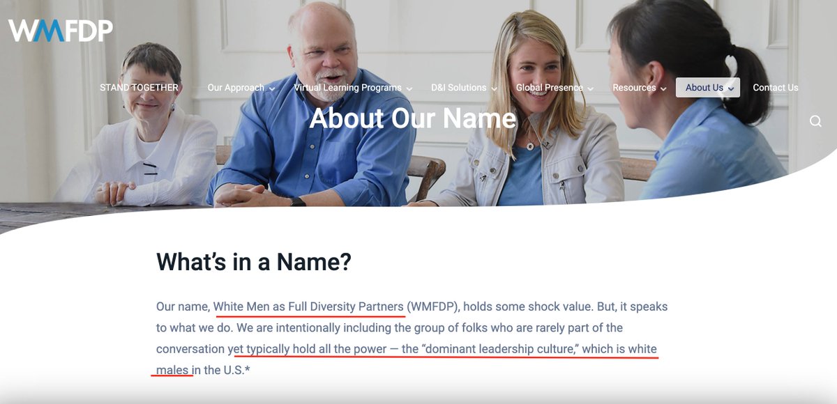 Who is leading the struggle session? A company called "White Men As Full Diversity Partners." This is no joke—their company is literally called White Men As Full Diversity Partners and they specialize in confronting those who "typically hold all the power": namely, "white males."