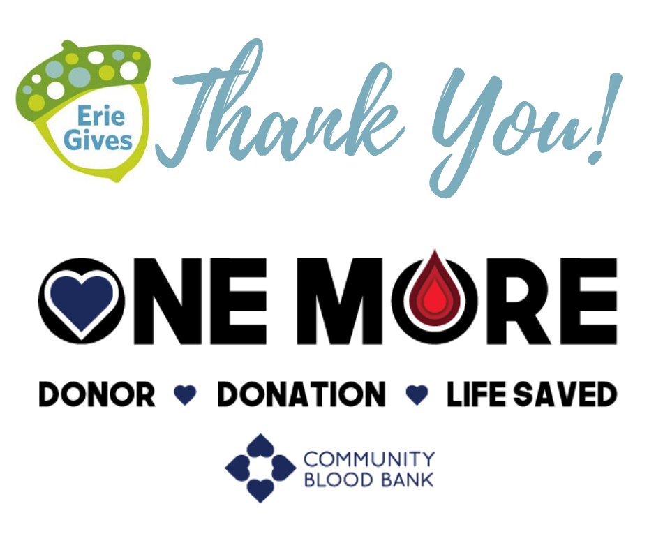OurDonorsSave's tweet photo. From the bottom of our hearts here at the Community Blood Bank, THANK YOU to everyone who made a generous contribution to the CBB during Erie Gives Day 2020. Even if you were unable to make a monetary donation, we are so thankful for all of our supporters, followers and donors! https://t.co/EgnWkeXJ0K