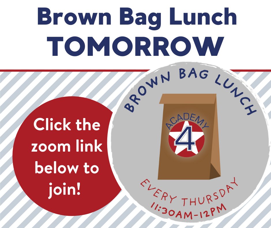 academy_4's tweet photo. If you are on the fence about mentoring or are curious about how this year will look, join us for our Brown Bag Lunch tomorrow! Click here to join: https://t.co/pjoyFAh8il #SeeYouThere #A4BrownBagLunch #Academy4 #Community #Serve #Volunteer #Mentor #Every4thGrader https://t.co/4ex3bMND1P