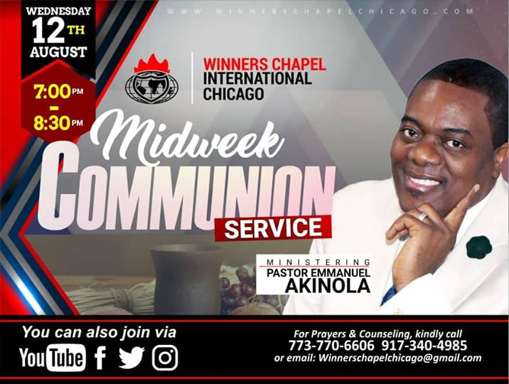 WinnersChicago's tweet photo. Join us tonight for another Glorious time in His presence. 

A turn around testimony awaits you, come and get refreshed at the Holy Communion table.

Register in-person service. https://t.co/W6yTv4E5qg.

Live broadcast via YouTube, Facebook. 

#IAmAChildofDestiny 
#BreakingLimits https://t.co/4LFWMvJHYu