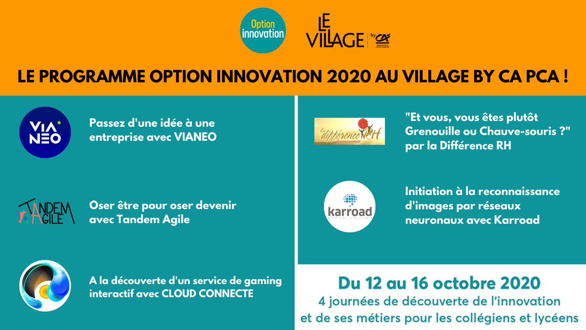 villageCASophia's tweet photo. Très heureux d'être lieu animateur pour la 3ème année consécutive de Option Innovation 2020 avec 5 ateliers proposés par nos startups et réseau d'experts ! Merci @KarroadFr , @ladifferencerh , #cloudconnecte , @vianeo_ , @JessicaCalautti #tandemagile 🙏 Rdv à partir du 12 Octobre https://t.co/lEtrtNEZFo