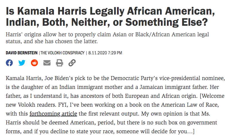 No one is "legally" a race in the United States in 2020. Race is an issue solely for issues of discrimination or statistical demographic study.  @KamalaHarris personally identifies as Black and Indian. This matters to representation not legality. A damn thread /1