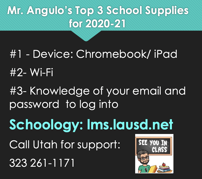 MrLeoAngulo's tweet photo. Mr. Angulo's top 3 school supplies needed for our first day, Tuesday, August 18th. ๐ค๐ฉโ๐ป๐งโ๐ป๐ก @Schoology @BoyleHeightsCoS @lausdLDE @LASchools #BoyleHeights #UtahSpan #firstdayofschool https://t.co/Vl5NIhM3vL