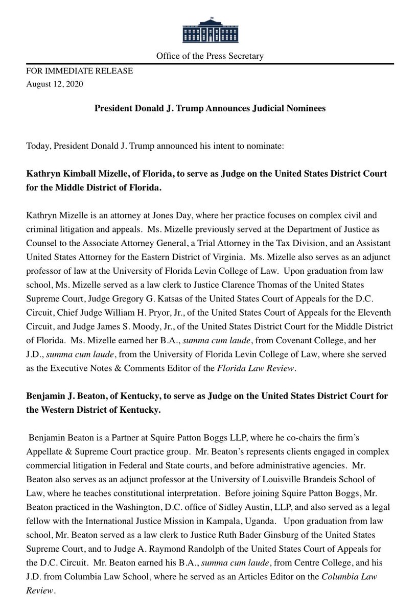 Screenshot of the White House press release announcing the president's intent to nominate more judicial nominees.