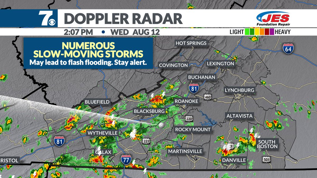 WDBJ7Weather's tweet photo. Slow-moving storms continue to dot the map this afternoon. A quick 1-2" in storms this afternoon could send water flowing into roads from poor drainage areas. Watch for ponding water on the commute home. https://t.co/Jvbo5i8tay