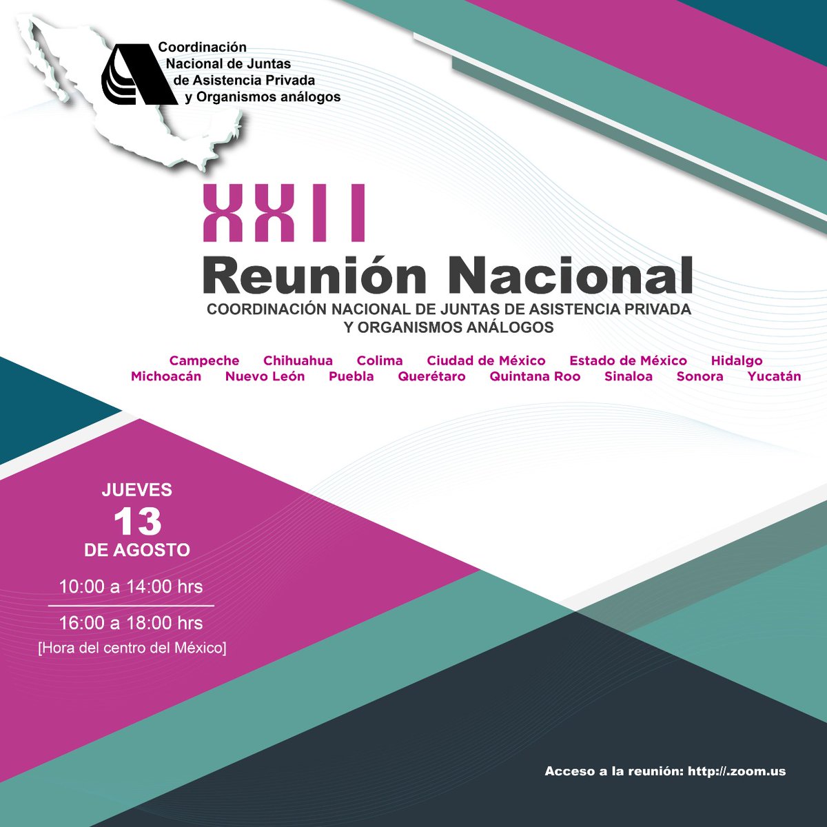 ConajapOficial's tweet photo. Este jueves 13 de agosto, de manera remota, celebraremos nuestra XXII Reunión de la Coordinación Nacional de Juntas de Asistencia Privada y Organismos Análogos. Estaremos compartiendo con ustedes los momentos más significativos de esta sesión. #CONAJAP https://t.co/Pa04buOlU6