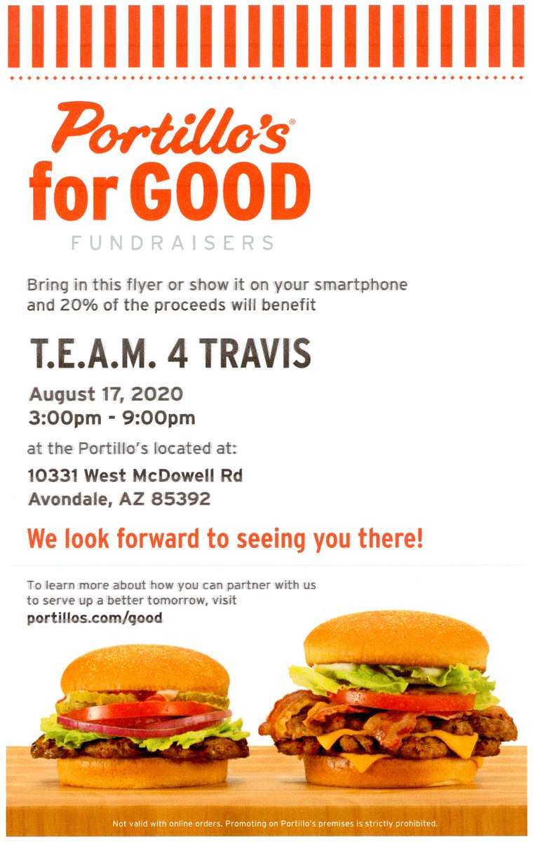 team4travis's tweet photo. If you're in PHX Mon 8/17, visit @portilloshotdog Avondale betw 3-9PM, mention TEAM 4 Travis when ordering. Portillo's donates 20% of proceeds to help T4T mission (fundraiser available in drive-thru only to allow safe social distancing). Honor Travis's 6th birthday &amp; do good. https://t.co/6MefJNnc0N