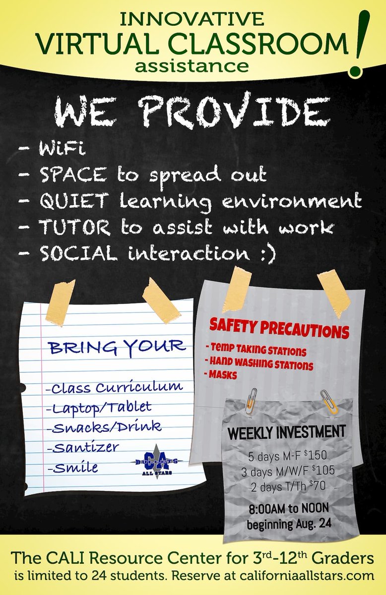 TheCaliAllStars's tweet image. Distance Learning Assistance? Maybe we can help! Registration goes live on Friday, Aug 14. 📆 Beginning Aug 24!