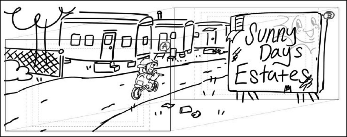 As a base, let's look at the storyboard. What are the broad story strokes?Trailer park.Rural.Tight quarters.Weathered and worn.Littered.Ironic name.