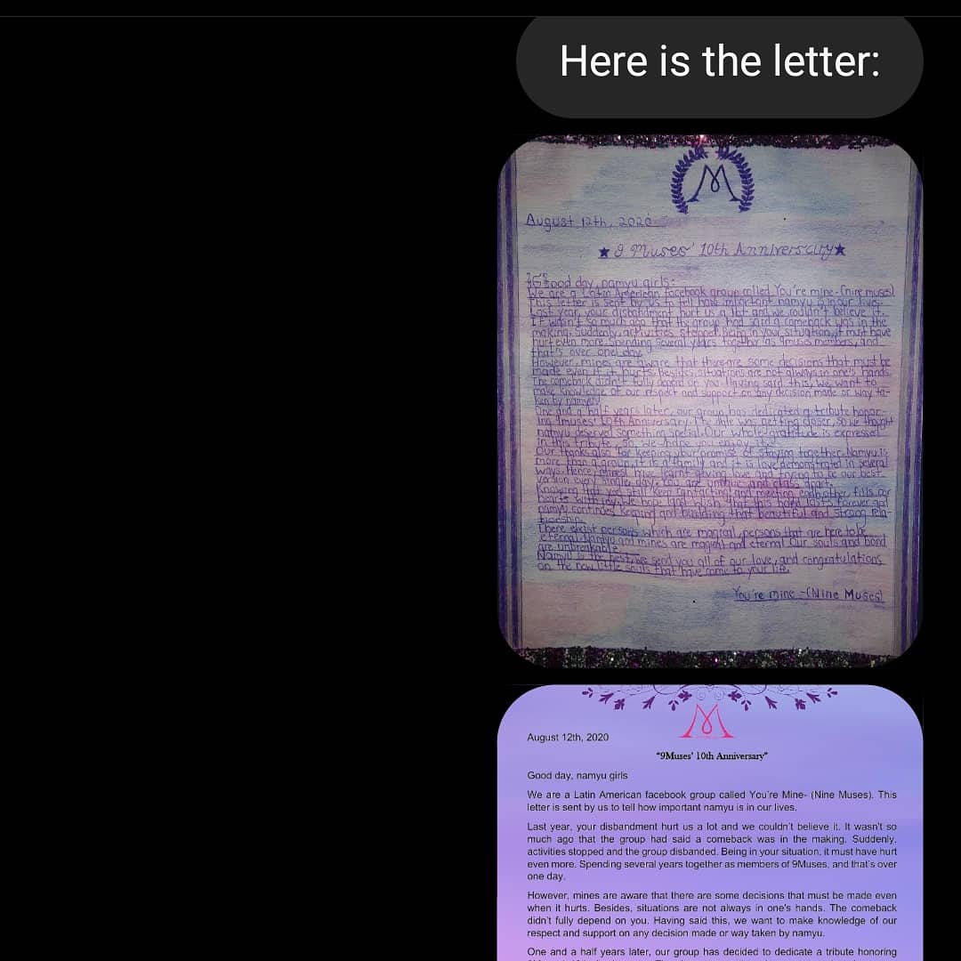 Zenya29361181's tweet photo. Moon Hyun-ah y Lee Sem nos respondieron a nuestro videotributo y carta, y Lee Sem y Ryu Sera le dieron me gusta a la publicación de la carta 🥺. Me siento más orgulloso de ser Mine ahora. Siempre recordaré el 12 de agosto de 2020 como una fecha especial 💜✨.
#10YearsWith9Muses https://t.co/Ice4nUff05
